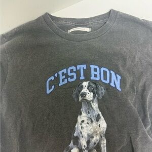 Anthropologie Black Tee with Blue C'EST BON Dog Graphic